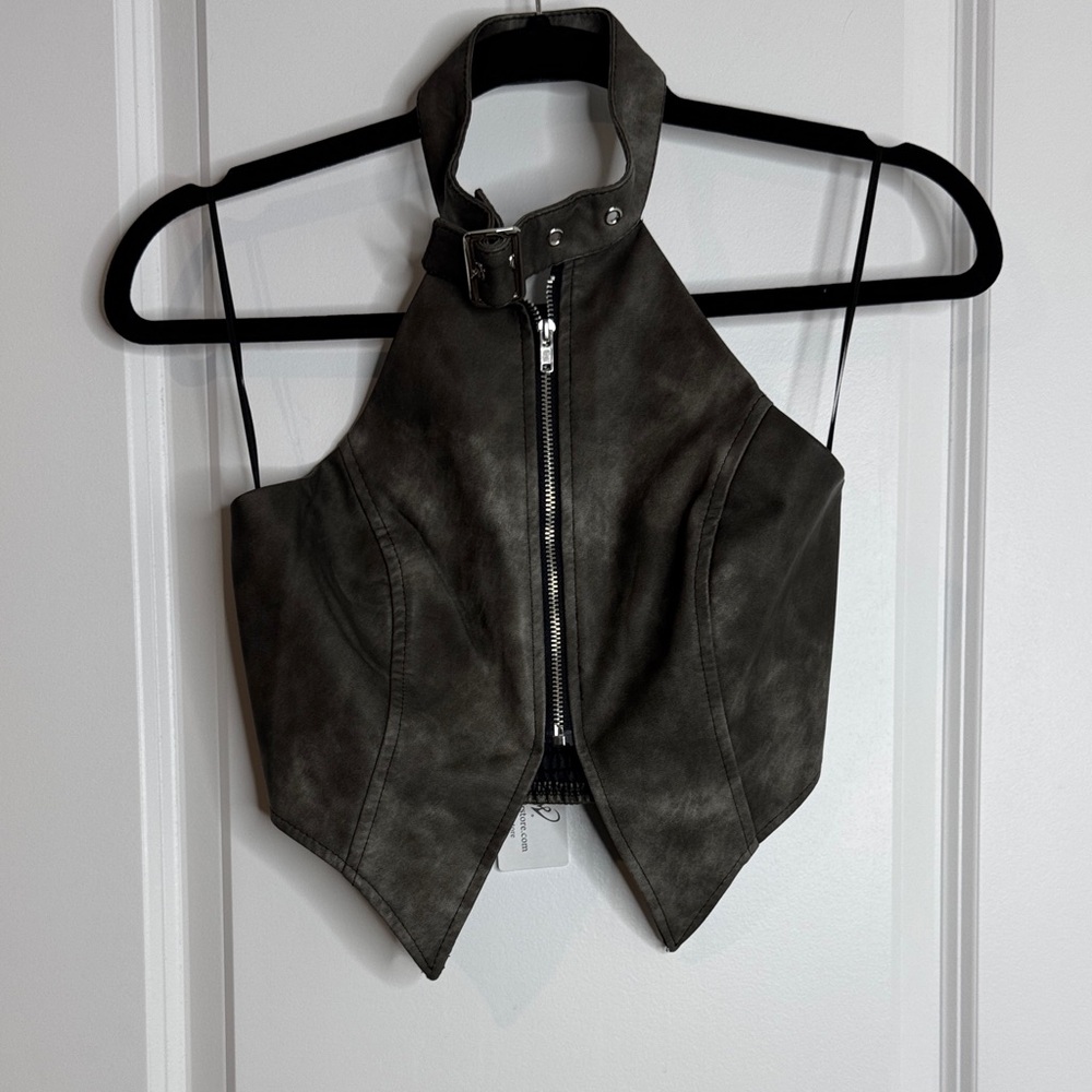 Windsor grey Faux-Leather Halter Zip Vest